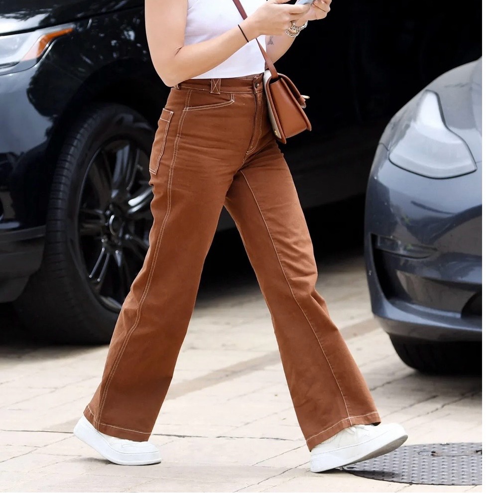 Madewell Elliot jeans in Carmel brown EUC 32P top stitching wide leg high rise